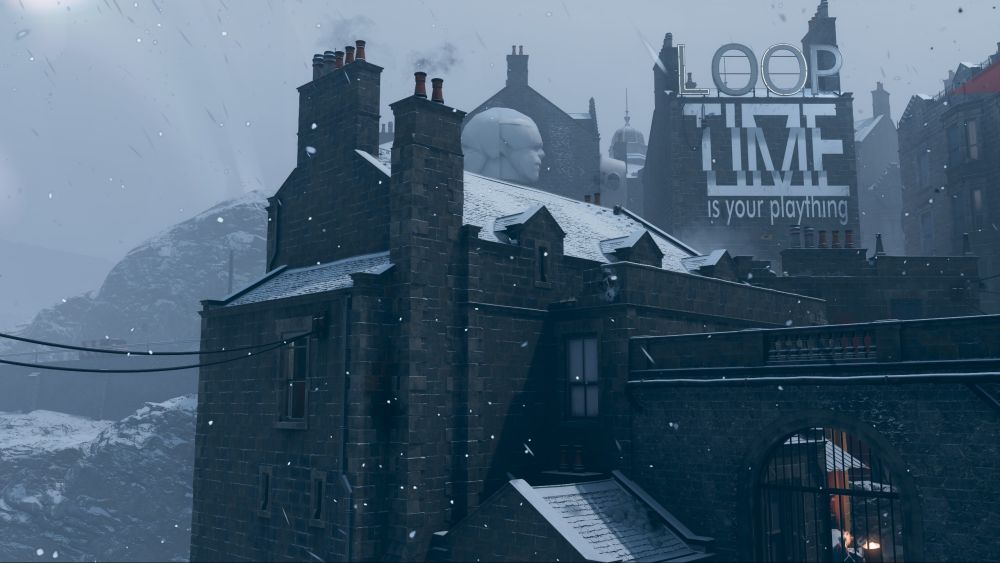 Exterior of a group of swnowy buildings, in Deathloop's Updaam level.